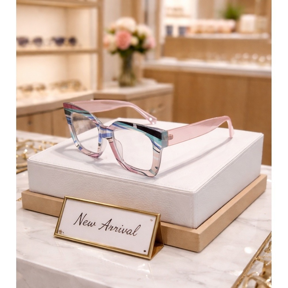 Oversized‎ Square Abstract Multi-Color Eyeglasses Pink Temples Fashion Frames